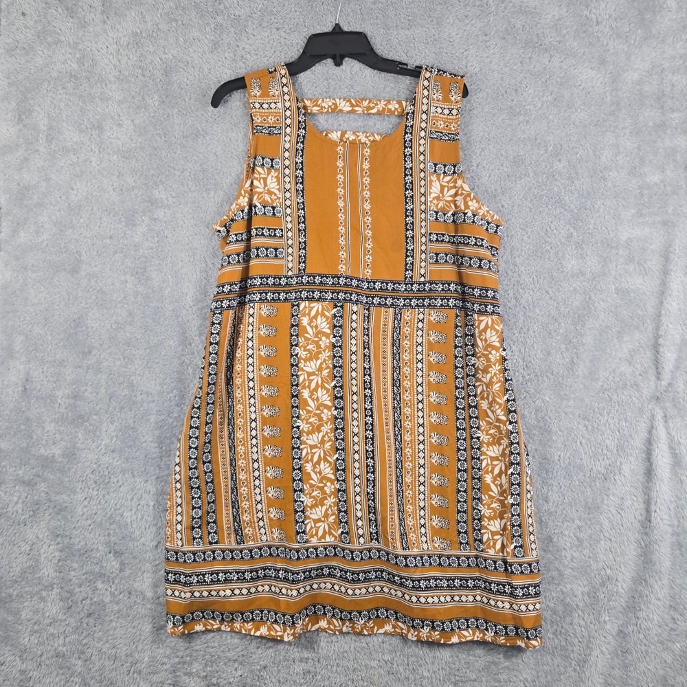 Boho Mustard Yellow Floral Border Print Sleeveless Shift Dress Women L